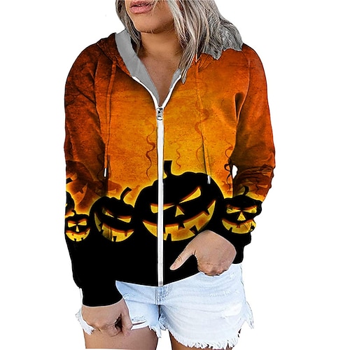 

Women's Plus Size Tops Hoodie Sweatshirt Pumpkin Zipper Print Long Sleeve Hooded Casual Halloween Halloween Vacation Polyester Fall Winter Orange