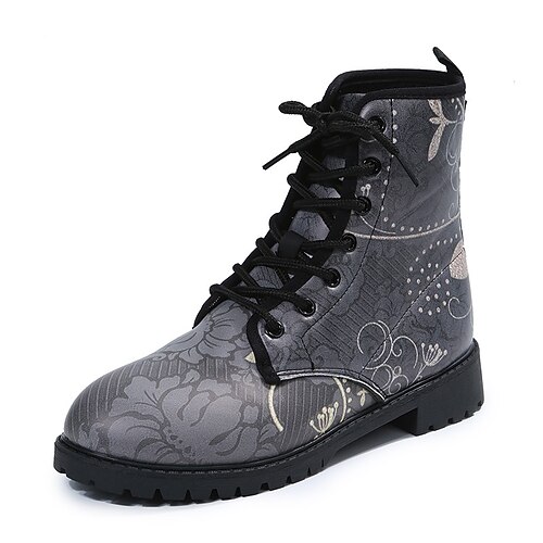 

Women's Boots Combat Boots Booties Ankle Boots Lace-up Block Heel Round Toe Casual Daily PU Leather Lace-up Winter Floral Gray
