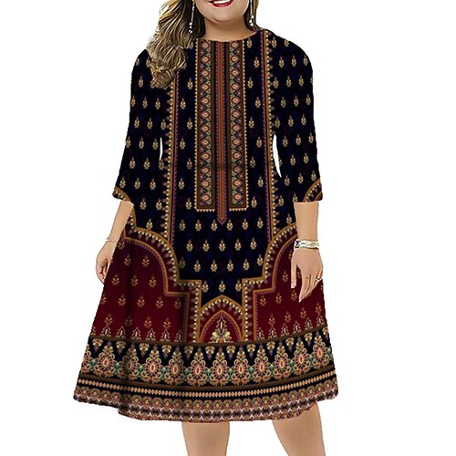 

Women's Plus Size Casual Dress Floral Crew Neck Print 3/4 Length Sleeve Winter Fall Vintage Work Casual Midi Dress Vacation Going out Dress