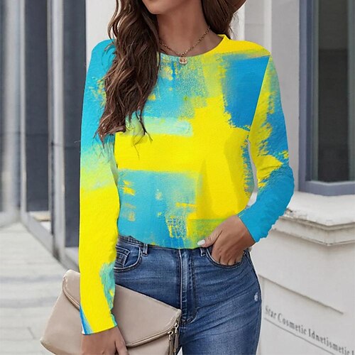 

Women's T shirt Tee Yellow Graphic Graffiti Print Long Sleeve Casual Daily Vintage Round Neck Regular Painting S / 3D Print