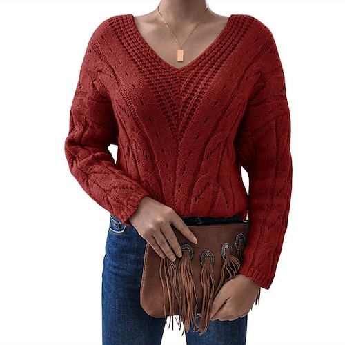 

Women's Pullover Sweater jumper Jumper Cable Knit Knitted Pure Color V Neck Casual Soft Daily Holiday Winter Fall Wine Khaki S M L / Long Sleeve / Regular Fit / Going out