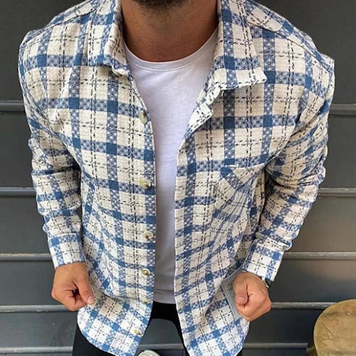 

Men's Shirt Overshirt Shirt Jacket Plaid Check Turndown Blue Long Sleeve Street Daily Button-Down Tops Basic Fashion Casual Comfortable