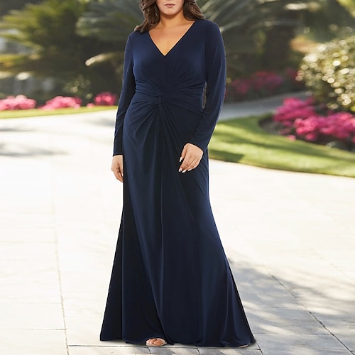 

Mermaid / Trumpet Plus Size Curve Formal Dresses Minimalist Dress Formal Floor Length Long Sleeve V Neck Stretch Chiffon with Ruched Pure Color 2022