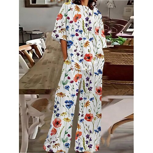 

Women's Loungewear Sets 2 Pieces Flower Fashion Comfort Home Street Cotton Spandex Jersey Crew Neck Short Sleeve T shirt Tee Pant Fall Spring White