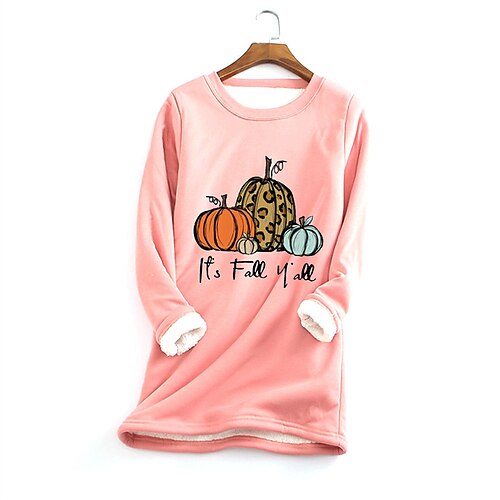 

Women's Plus Size Tops Fleece T shirt Tee Pumpkin Print Long Sleeve Crew Neck Casual Sherpa Fleece Halloween Daily Cotton Winter Fall Black Blue