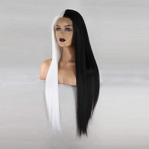 

Long Straight Half White Half Black Middle Part Synthetic Lace Front Wig for Women Natural Heat Resistant Fiber 13x3inch Hand Tied Cosplay Wig