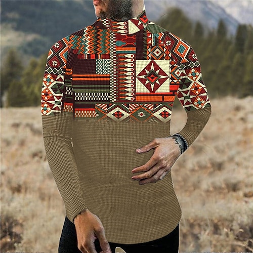 

Men's T shirt Tee Graphic Tribal Turtleneck Blue Brown 3D Print Outdoor Street Long Sleeve Print Clothing Apparel Basic Streetwear Designer Comfortable