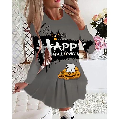 

Women's Casual Dress Swing Dress Short Mini Dress Yellow Orange Brown Gray Black Long Sleeve Letter Pumpkin Ghost Print Fall Winter Round Neck Vacation Casual Halloween 2022 S M L XL 2XL 3XL 4XL 5XL