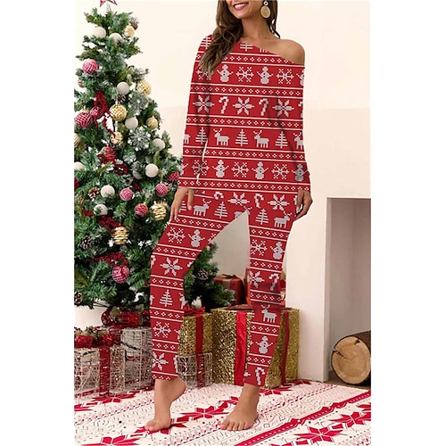 

Women's ChristmasPjs Pajamas Sets 2 Pieces Elk Snowflake Comfort Soft Home Bed Cotton Spandex Jersey Long Sleeve T shirt Tee Pant Elastic Waist Winter Fall Red Gray