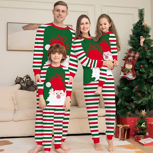 

Family Look Christmas Pajamas Santa Claus Striped Home Green Long Sleeve Daily Matching Outfits