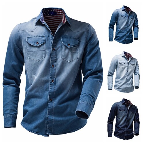 

Men's Demin Shirt Denim Shirt Solid Color Turndown Blue Royal Blue Light Blue Street Daily Long Sleeve Button-Down Clothing Apparel Denim Casual Comfortable