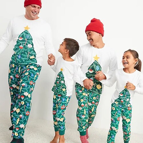 

Family Christmas Pajamas Ugly Cotton Christmas Tree Home White Long Sleeve Mom Dad and Me Daily Matching Outfits
