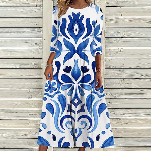

Women's Casual Dress Shift Dress Midi Dress Blue 3/4 Length Sleeve Floral Ruched Print Fall Winter Round Neck Vacation Casual 2022 S M L XL XXL 3XL