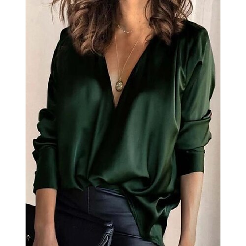 

ropa de mujer blusa camisa satén con cuello en v top de manga larga