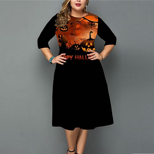 

Women's Plus Size Work Dress Letter Crew Neck 3/4 Length Sleeve Fall Winter Work Elegant Knee Length Dress Going out Work Dress