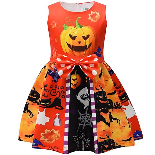 

Kids Little Girls' Dress Skull Pumpkin A Line Dress Daily Holiday Vacation Bow Print Purple Yellow Lavender Above Knee Sleeveless Punk Gothic Dresses Halloween Spring Summer Regular Fit 3-12 Years