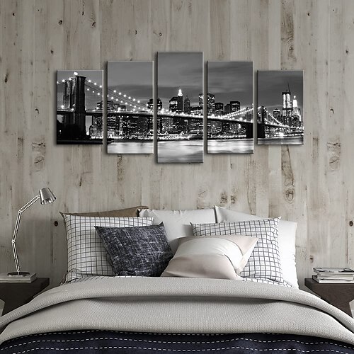 

5 Panels Landscape Prints New York Brooklyn Bridge Night View Modern Wall Art Wall Hanging Gift Home Decoration Rolled Canvas Unframed Unstretched Painting Core