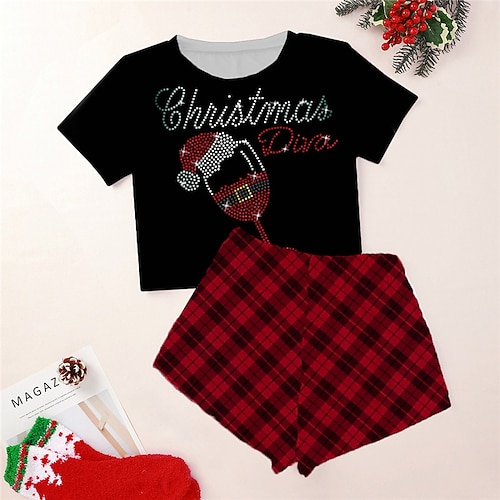 

Women's ChristmasPjs Plus Size Pajamas Sets 2 Pieces Letter Grid / Plaid Fashion Comfort Soft Home Carnival Cotton Spandex Jersey Breathable Gift Crew Neck Short Sleeve T shirt Tee Shorts