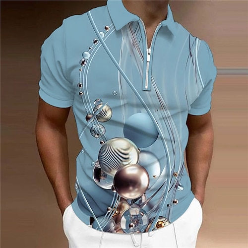 

Men's Collar Polo Shirt Golf Shirt Geometry Turndown Blue 3D Print Outdoor Street Short Sleeves Zipper Print Clothing Apparel Fashion Designer Casual Breathable / Summer / Spring / Summer