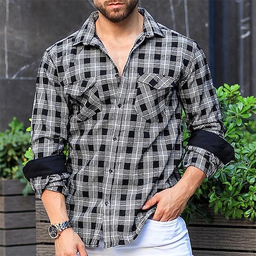 

Men's Flannel Shirt Shirt Jacket Shacket Shirt Plaid Turndown Black / Gray Print Street Daily Long Sleeve Button-Down Print Clothing Apparel Casual Comfortable Pocket