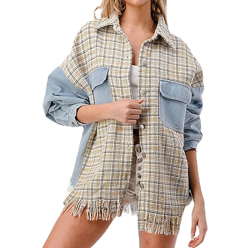 

Women's Denim Jacket Windproof Warm Outdoor Street Daily Vacation Pocket Tassel Single Breasted Lapel Simple Modern Street Style Plaid Regular Fit Outerwear Long Sleeve Winter Fall Khaki S M L XL