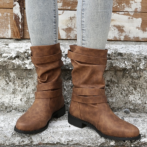 

Women's Boots Daily Mid Calf Boots Winter Buckle Block Heel Round Toe Vintage PU Leather Loafer Solid Colored Black Brown Gray