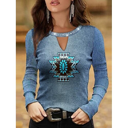 

Women's T shirt Tee Blue Khaki Geometric Cow Rhinestone Print Long Sleeve Daily Weekend Basic Ethnic Round Neck Regular Geometric Painting S / 3D Print