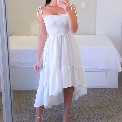 

Women's White Dress Midi Dress White Sleeveless Pure Color Ruffle Winter Fall Autumn Spaghetti Strap 2022 S M L XL