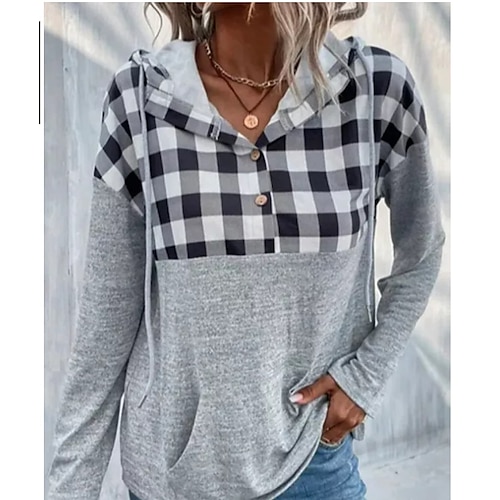 

Women's Hoodie Sweatshirt Pullover Active Basic Front Pocket Gray Plaid Street Hoodie Long Sleeve S M L XL