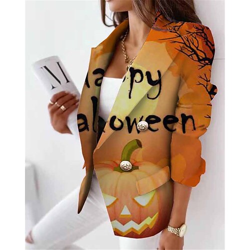 

Women's Blazer Breathable Office Work Halloween with Pockets Print Double Breasted Turndown Vintage Modern Office / career Halloween Letter Regular Fit Outerwear Long Sleeve Winter Fall Black Purple