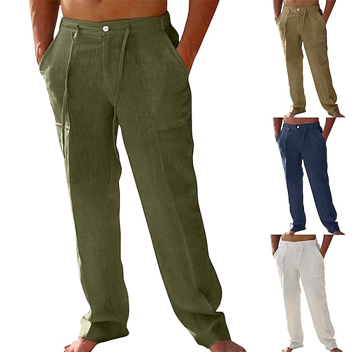 

Men's Linen Pants Trousers Casual Pants Pocket Drawstring Straight Leg Solid Colored Comfort Soft Daily Holiday Streetwear Linen / Cotton Blend Streetwear Loose Dark Khaki ArmyGreen Micro-elastic