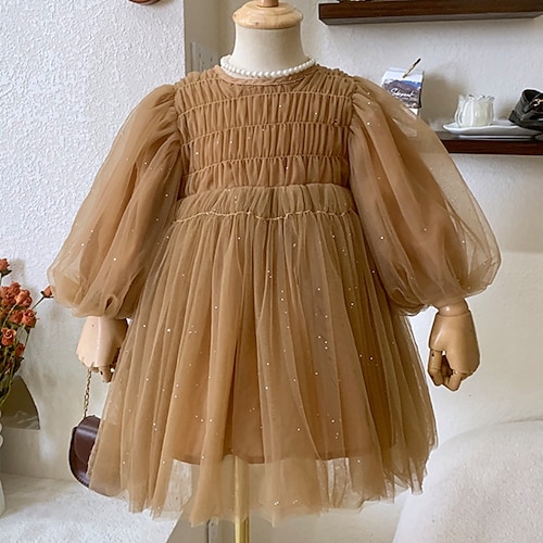 

Kids Girls' Dress Solid Colored A Line Dress Dress Daily Cotton Long Sleeve Princess Dress 2-8 Years Winter Brown