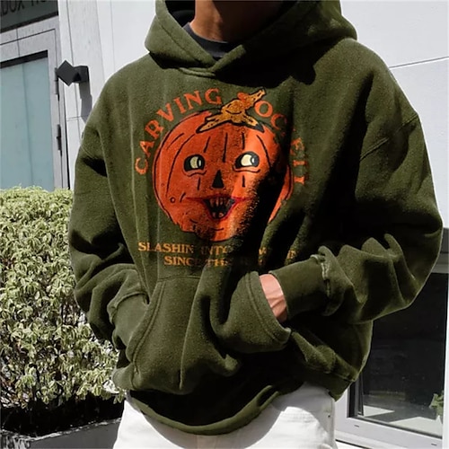 

Men's Hoodie Pullover Hooded Pumpkin Front Pocket Print Daily Holiday Going out Hot Stamping Basic Streetwear Casual Hoodies Sweatshirts Long Sleeve Army Green / Winter / Fall / Winter