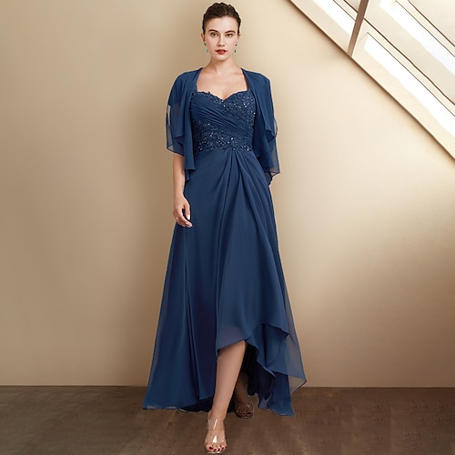 

A-Line Mother of the Bride Dress Elegant Square Neck Asymmetrical Tea Length Chiffon Lace Cap Sleeve Wrap Included with Sequin Appliques Side-Draped 2022