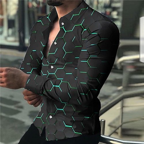 

Men's Shirt Summer Hawaiian Shirt Geometry Turndown Green 3D Print Outdoor Street Long Sleeve Button-Down Print Clothing Apparel Fashion Designer Casual Breathable