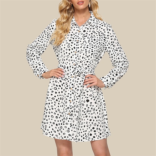 

Women's Casual Dress Shirt Dress White Long Sleeve Leopard Lace up Winter Fall Autumn Shirt Collar Fashion Winter Dress Fall Dress Loose Fit 2022 S M L XL