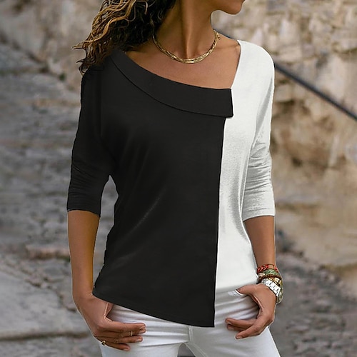 

Women's T shirt Tee Color Block Casual Weekend T shirt Tee Long Sleeve V Neck Basic Black S