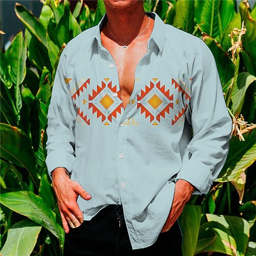 

Men's Shirt Geometry Turndown Blue Long Sleeve 3D Print Outdoor Street Button-Down Print Tops Fashion Designer Casual Breathable