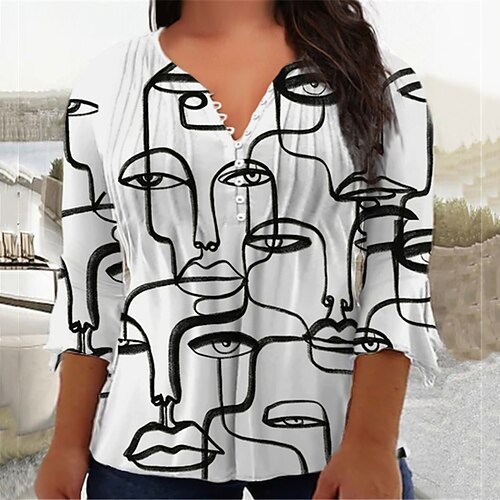 

Women's Plus Size Tops Blouse Shirt Abstract Button Print 3/4 Length Sleeve V Neck Casual Daily Vacation Cotton Spandex Jersey Fall Winter White / 3D Print