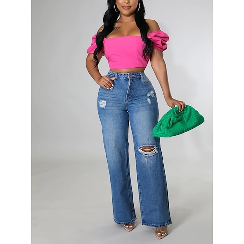 

Women's Culottes Wide Leg Pants Trousers Trousers Straight Denim Light Blue Drak blue High Waist Fashion Casual Office Daily Ripped Stretchy Full Length S M L XL 2XL