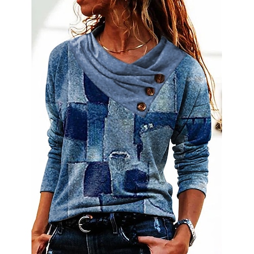 

Women's Blouse Shirt Green Blue Color Block Button Print Long Sleeve Daily Weekend Streetwear Casual V Neck Regular Geometric S / 3D Print