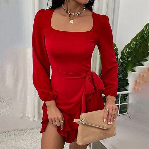 

Women's Red Long Sleeve Lace up Winter Fall Autumn Square Neck Fashion Winter Dress Weekend Fall Dress S M L XL