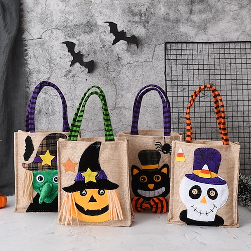 

2pcs Festival Pumkin Witch Skeleton Spider Bat Jute Burlap Gift Bags Festival Decor Party Supplies Kid's Favorite Candy Bags