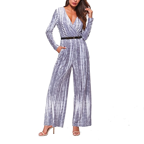 

Women's Jumpsuit Pocket Print Striped Deep V Active Street Going out Pencil Regular Fit Long Sleeve Gray Black S M L Winter