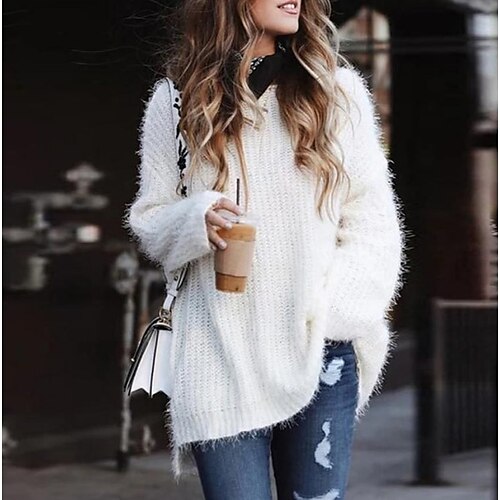 

Women's Pullover Sweater jumper Jumper Crochet Knit Cropped Knitted Solid Color Crew Neck Casual Daily Holiday Winter Fall White S M L / Long Sleeve / Regular Fit
