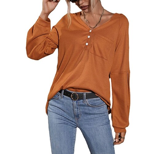 

Women's Pullover Sweater Jumper Waffle Knit Tunic Button Knitted Pure Color V Neck Stylish Casual Outdoor Daily Fall Winter Camel S M L / Cotton / Long Sleeve