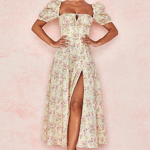 

Women's Casual Dress Sheath Dress Floral Dress Midi Dress Blue Beige Short Sleeve Floral Hollow Out Spring Summer Off Shoulder Mature Slim 2022 S M L XL XXL 3XL