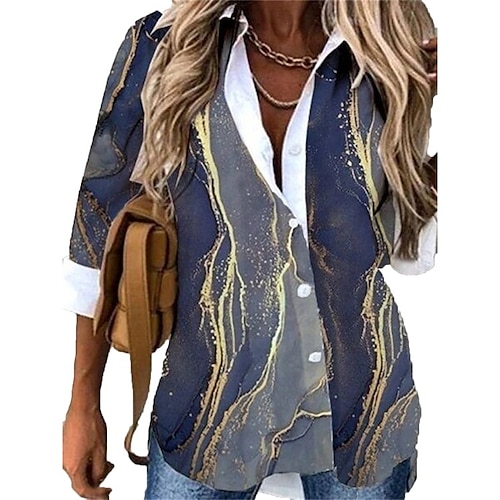 

Chemise Chemisier Femme bleu marine Graphic Abstrait Bouton Imprimer manche longue Casual Vêtement de rue Col de Chemise Normal Standard S