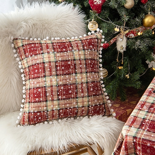 

Christmas Pillow Cover Pompom Snowflake Plaid Red Green Holiday Party for Bedroom Livingroom Sofa Couch Chair Superior Quality