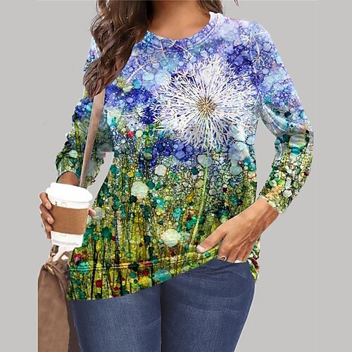 

Women's Plus Size Tops Pullover Sweatshirt Hoodie Sweatshirt Floral Print Long Sleeve Crewneck Streetwear Daily Vacation Microfiber Fall Winter Gray Purple